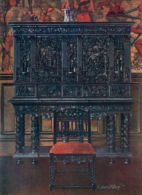 A „Rubens” kabinet, windsori kastély – ébenfából faragott. Belső szerelvények intarziás és teknősbéka-oszlopok alkotó: Edwin John Foley