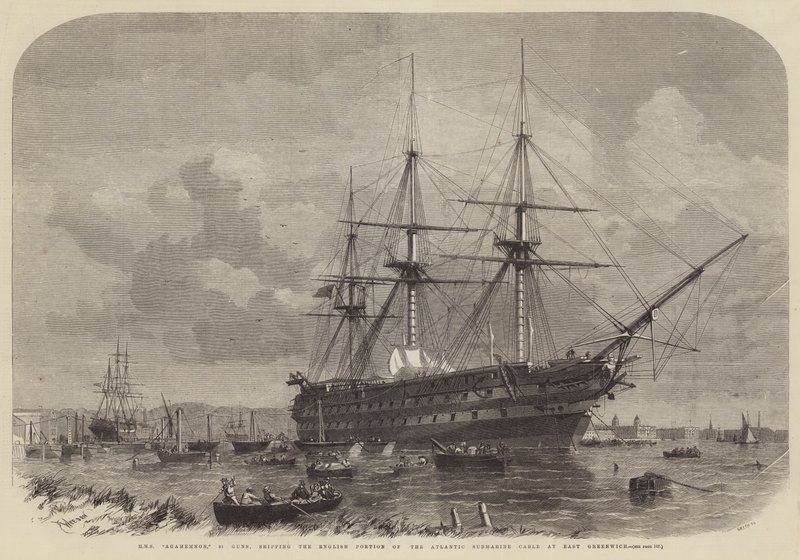 HMS Agamemnon, 91 Guns, az atlanti tengeralattjáró kábel angol részét szállítja East Greenwichben alkotó: Edwin Weedon