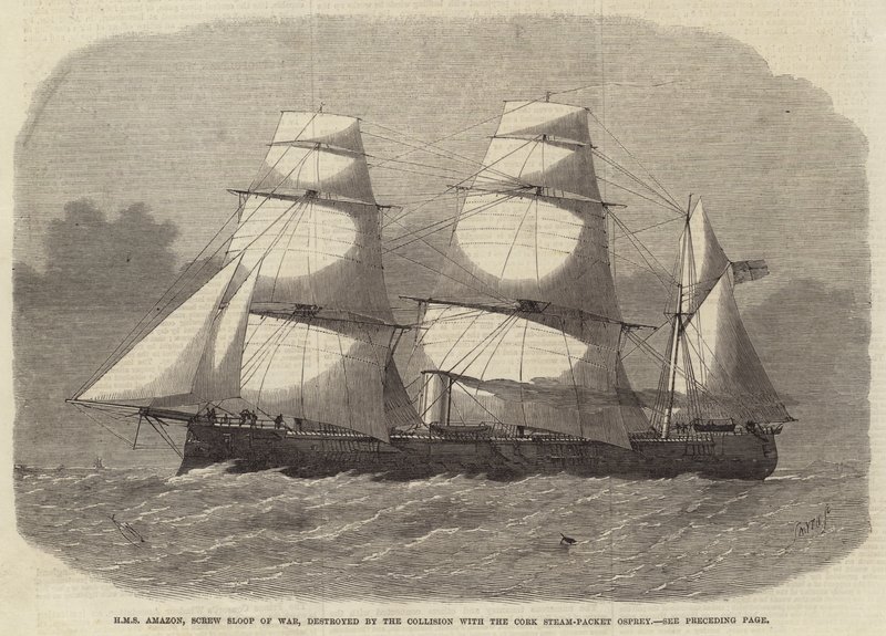 HMS Amazon, Screw Sloop of War, elpusztult a Cork Steam-Packet Osprey-vel való ütközés következtében alkotó: Edwin Weedon