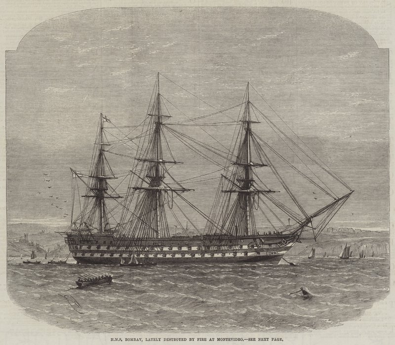 HMS Bombay, amelyet nemrégiben tűz pusztított el Montevideóban alkotó: Edwin Weedon