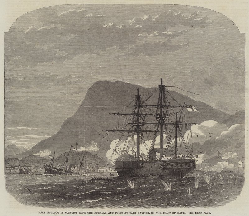 A HMS Bulldog összeütközésben a Haytien-foknál lévő flottillával és erődökkel, Hayti partjainál alkotó: Edwin Weedon