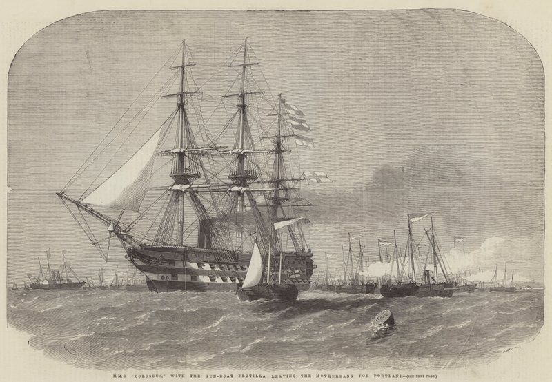A HMS Colossus az ágyúnaszád flottillával elhagyja az anyapartot Portland felé. alkotó: Edwin Weedon