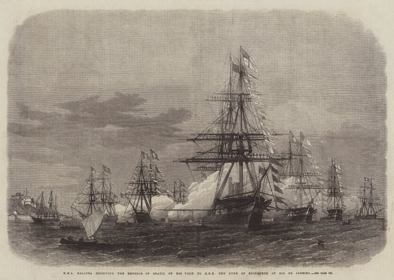 A HMS Galatea fogadja a brazil császárt az Edinburgh hercegének Rio de Janeiróban tett látogatása alkalmából. alkotó: Edwin Weedon
