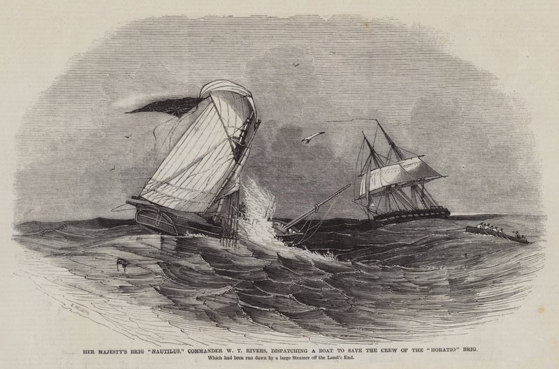 Őfelsége Nautilus nevű hajója, W. T. Rivers parancsnok, egy csónakot küld a Horatio Brig legénységének megmentésére. alkotó: Edwin Weedon