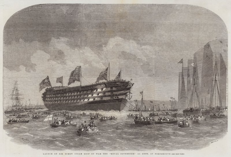 A HM Screw Steam of War, the Royal Sovereign, 131 Guns felbocsátása Portsmouthban alkotó: Edwin Weedon