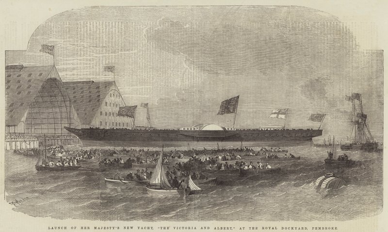 Őfelsége új jachtjának, a Victoria and Albertnek a vízre bocsátása a pembroke-i Royal Dockyardban alkotó: Edwin Weedon