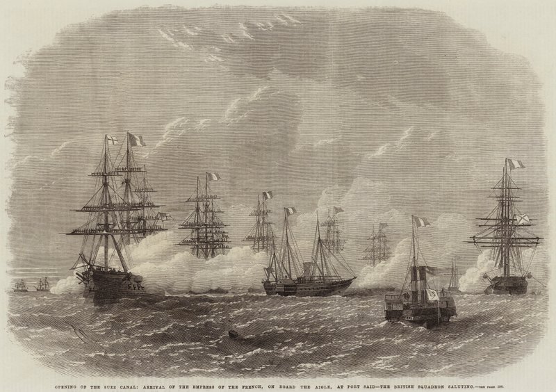 A Szuezi-csatorna megnyitása, a franciák császárnője érkezése az Aigle fedélzetén, Port Saidban, a brit osztag tiszteleg alkotó: Edwin Weedon
