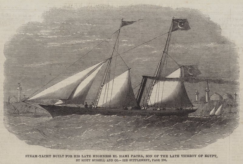 Gőzjacht, amelyet őfelsége, El Hami Pacha, Egyiptom néhai alkirályának fia számára épített, Scott Russell and Company alkotó: Edwin Weedon