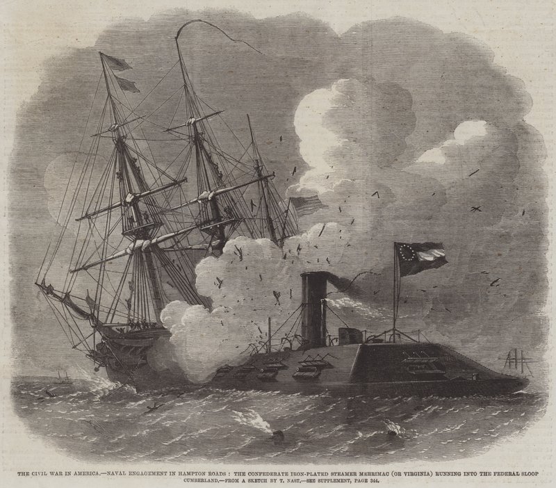 A polgárháború Amerikában, haditengerészet a Hampton Roadson, a konföderációs vaslemezes Merrimac (vagy Virginia) gőzhajó befut a szövetségi Sloop Cumberlandbe alkotó: Edwin Weedon