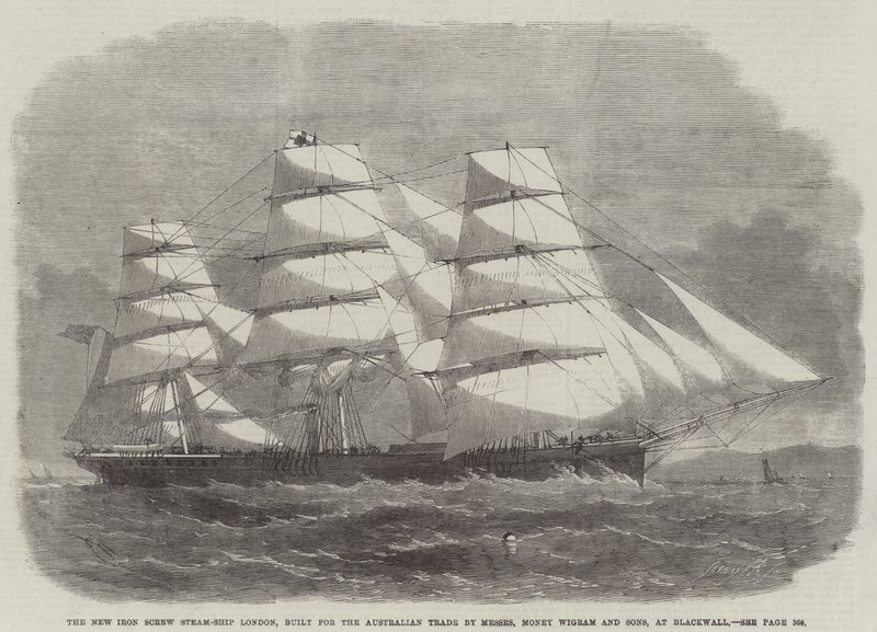 Az új Iron Screw Steam-Ship London, amelyet az ausztrál kereskedelem számára épített a Messers Money Wigram and Sons, a Blackwallban alkotó: Edwin Weedon
