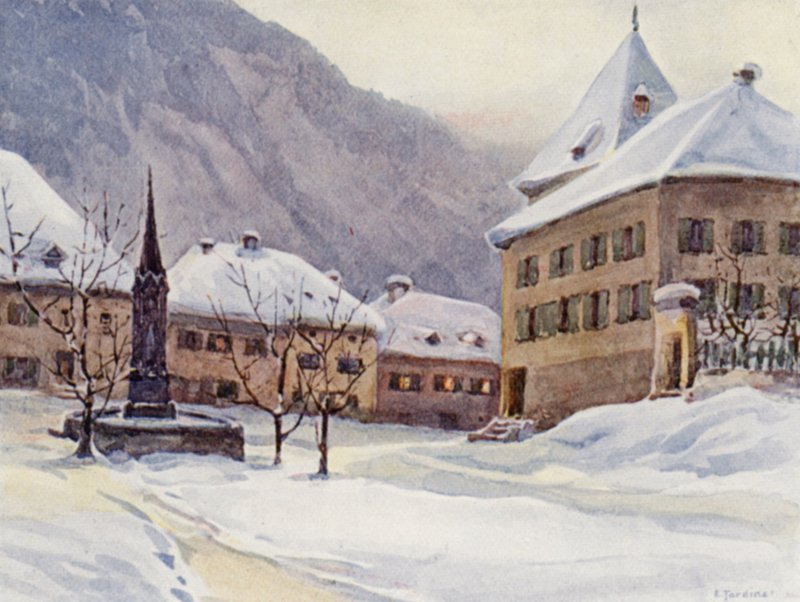 A Rajna: Chur, Coire, A székesegyház tér (színes litográfia) alkotó: Effie Jardine