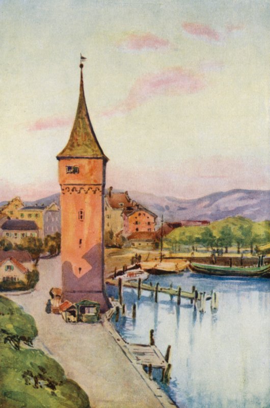 A Rajna: Konstanzi tó (színes litográfia): Lindau tornya a Boden See-nél (színes litográfia). alkotó: Effie Jardine
