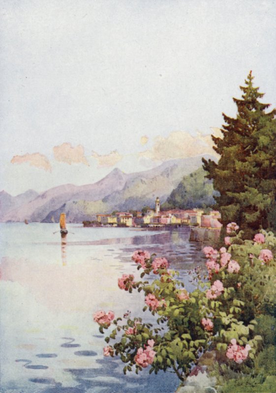 Bellagio a Villa Melziből, Comói-tó (színes litho) alkotó: Ella Du Cane