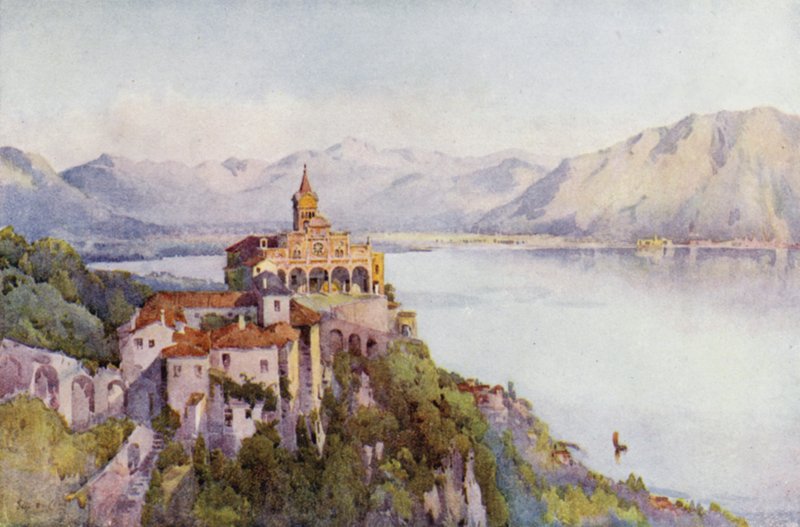 A Madonna del Sasso, Locarno, Maggiore-tó (színes litho) alkotó: Ella Du Cane