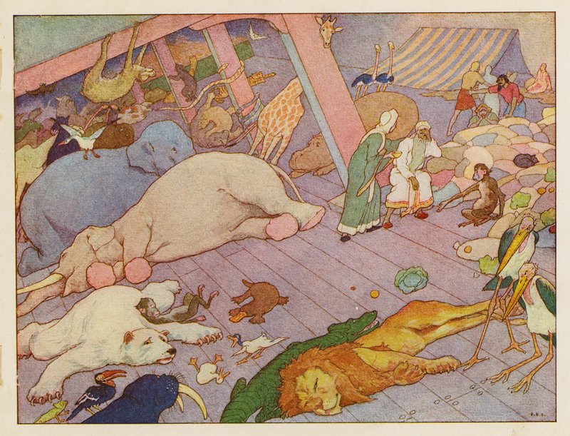 Noé bárkája: A bárkában (színes litográfia) alkotó: Elmer Boyd Smith