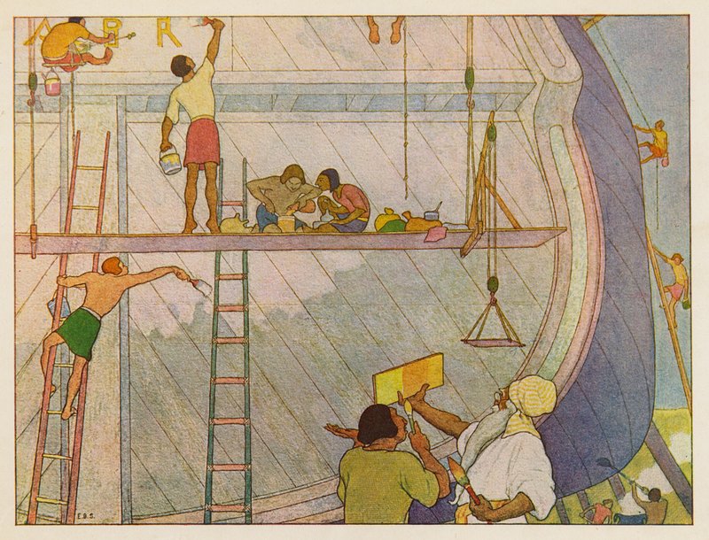 Noé bárkája: A bárka festése (színes litográfia) alkotó: Elmer Boyd Smith