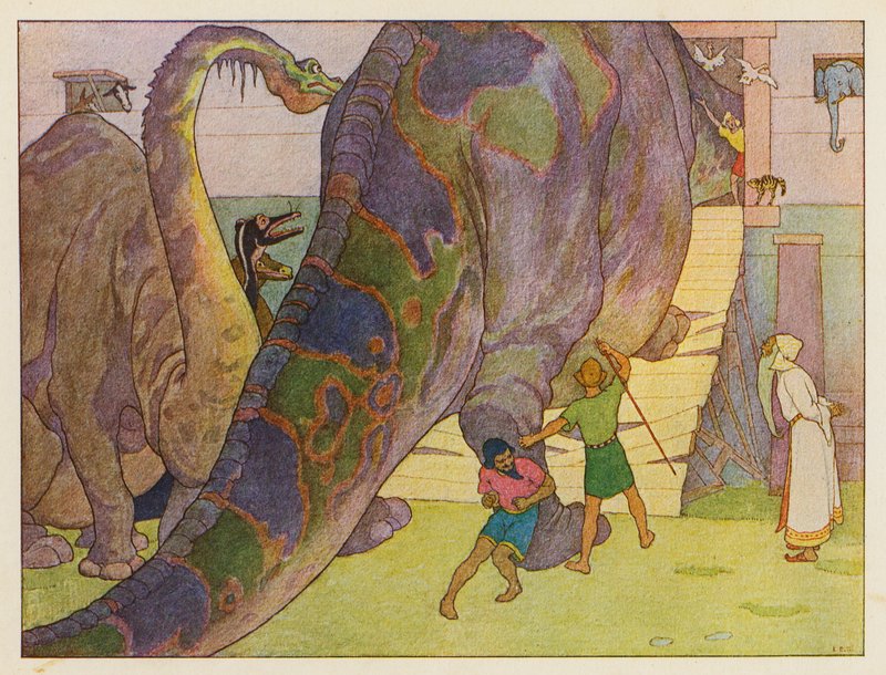 Noé bárkája: A dinoszauruszok dilemmája (színes litográfia) alkotó: Elmer Boyd Smith