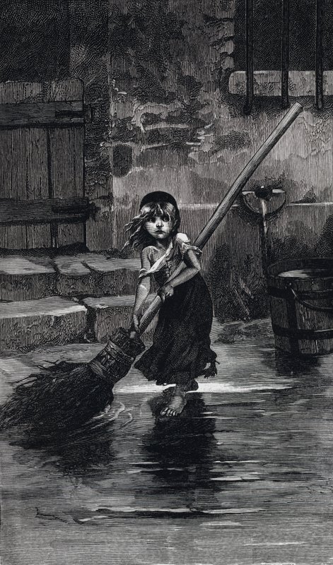 Jelenet a Nyomorultak című filmből, Victor Hugo: Cosette-seprés (metszet) alkotó: Emile Antoine (after) Bayard