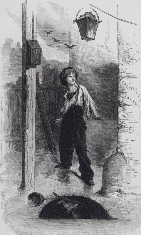 Jelenet a Nyomorultakból, Victor Hugo: Gavroche (metszet) alkotó: Emile Antoine (after) Bayard