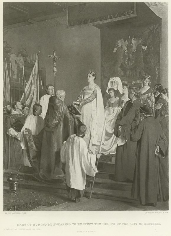 Burgundi Mária esküszik, hogy tiszteletben tartja Brüsszel város jogait (mélynyomás) alkotó: Emile Charles Wauters