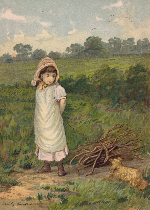 Tűzifát gyűjtő lány kutyájával (chromolitho) alkotó: Emily Jane Harding Andrews