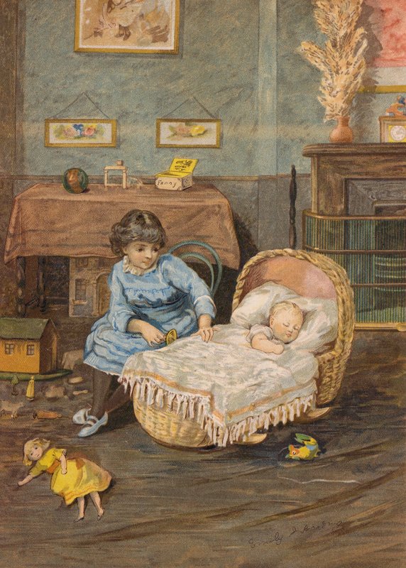 Lány, aki egy kisbabára vigyáz a kiságyban (kromolito) alkotó: Emily Jane Harding Andrews