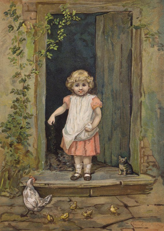 Kislány eteti a csirkéket a háza küszöbén (kromolito) alkotó: Emily Jane Harding Andrews