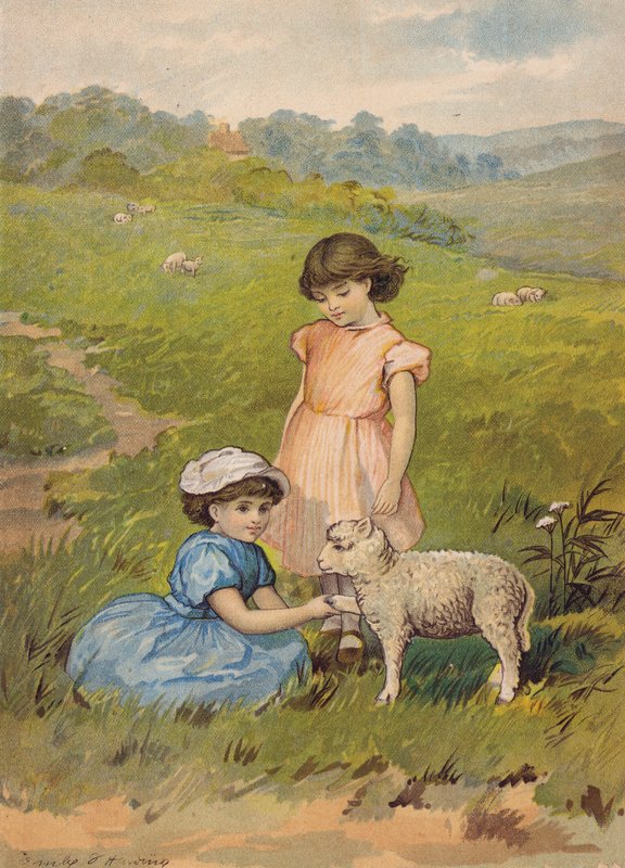 Két lány simogat egy bárányt (chromolitho) alkotó: Emily Jane Harding Andrews