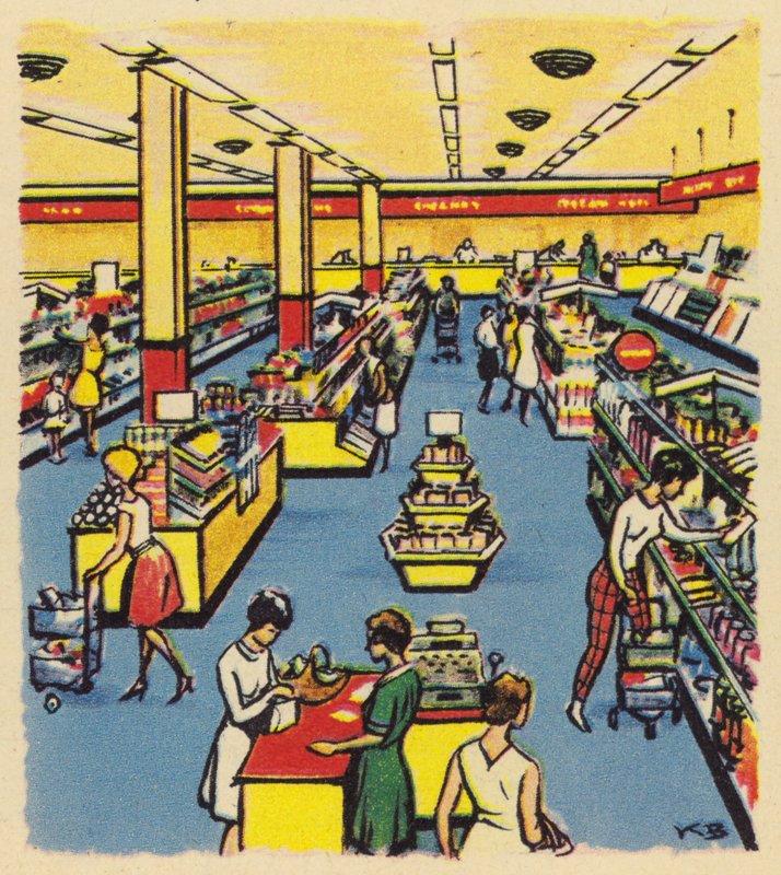 Egy korai önkiszolgáló bolt vagy szupermarket Nagy-Britanniában, 1950 körül alkotó: English School