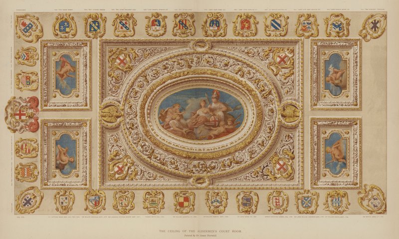 Az Aldermens bírósági termének mennyezete, Guildhall, London City, Sir James Thornhill festette alkotó: English School