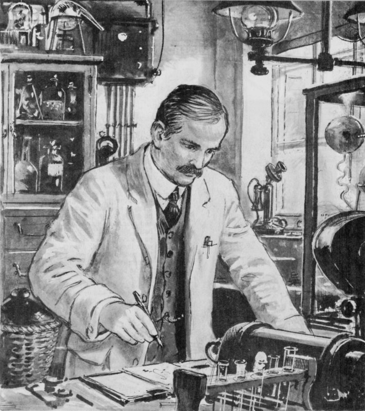 Ernest Rutherford, a cambridge-i laboratóriumában dolgozik alkotó: English School