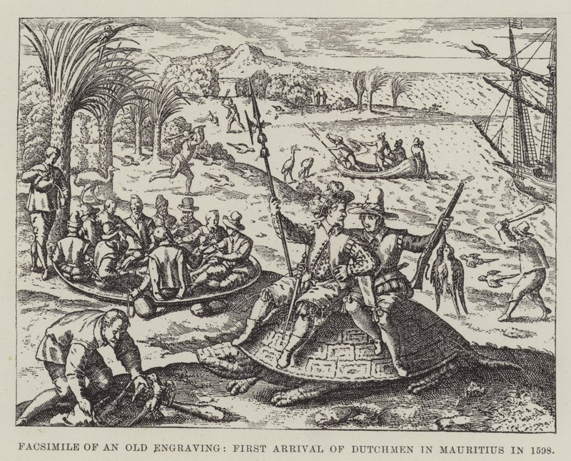 Fakszimile egy régi metszetről, a hollandok első érkezése Mauritiusra 1598-ban alkotó: English School