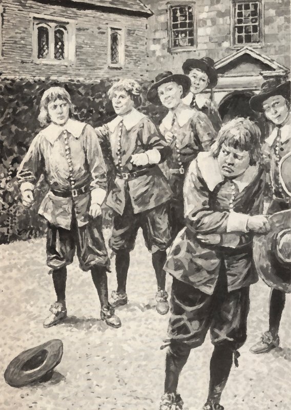 Isaac Newton (balra), aki épp most verte meg az iskolai zaklatót alkotó: English School