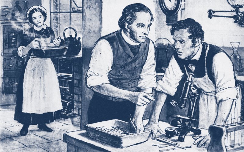 Joseph Lister mikrobákat mutat be mosatlan sebészeti eszközökön alkotó: English School
