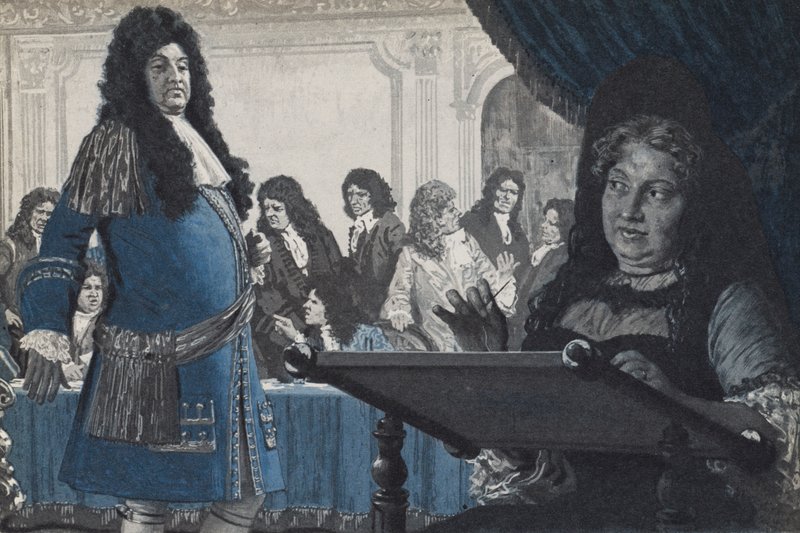 XIV. Lajos király politikai ügyben kér tanácsot Madame Solidity-től alkotó: English School