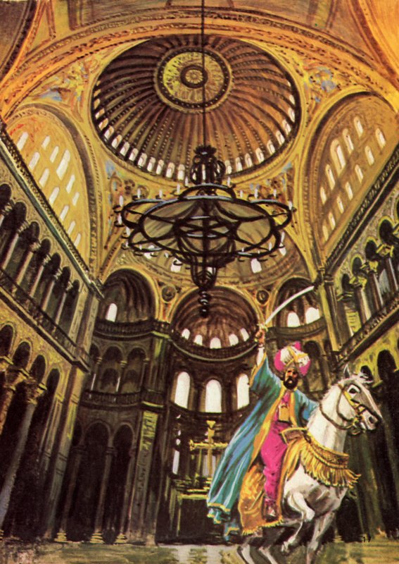 Mehmed szultán lován lovagol a Hagia Sophia nagy templomába alkotó: English School