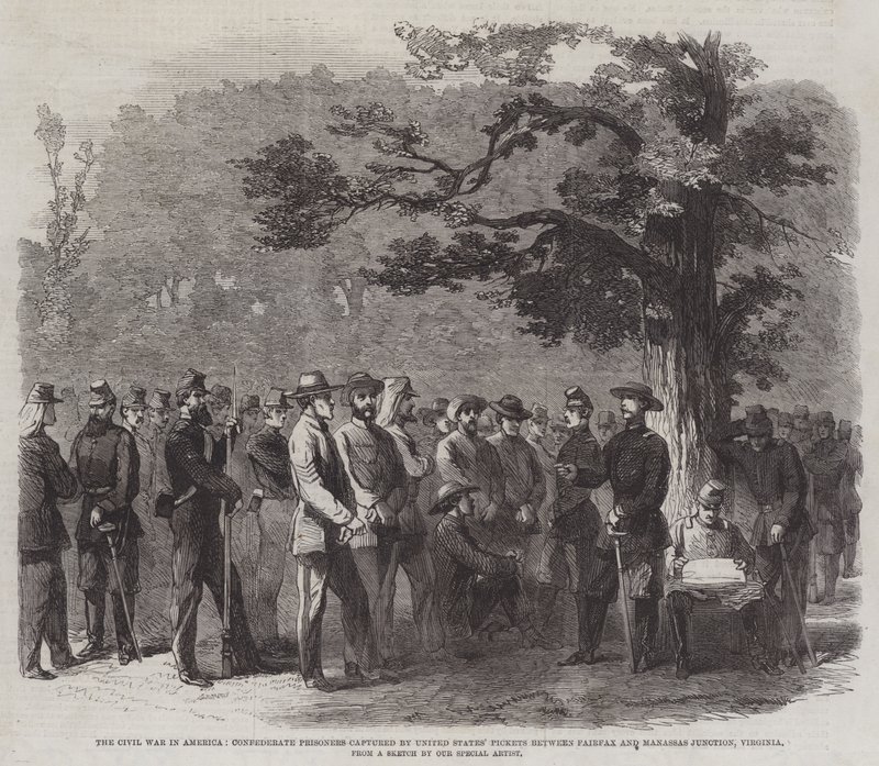 A polgárháború Amerikában, a konföderációs foglyokat az Egyesült Államok Picketsje fogságba esett Fairfax és Manassas Junction, Virginia között alkotó: English School