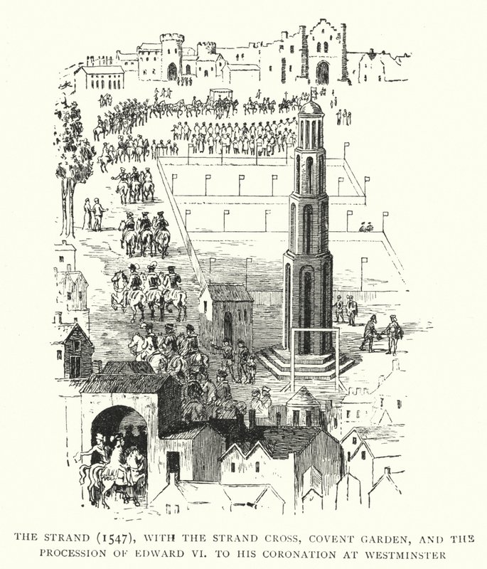 The Strand, 1547, a Strand kereszttel, a Covent Gardenrel és VI. Edward menetével a Westminster-i koronázásáig alkotó: English School