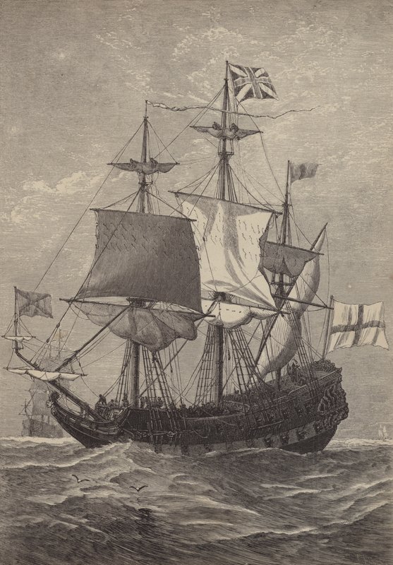 Az első Union Jack felvonása a tengeren, 1606 alkotó: English School
