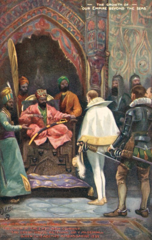 A Kelet-indiai Társaság eredete, a Nagy Mogul Sir J. Mildenhall Erzsébet királynő nagykövetét fogadta, 1599 alkotó: English School