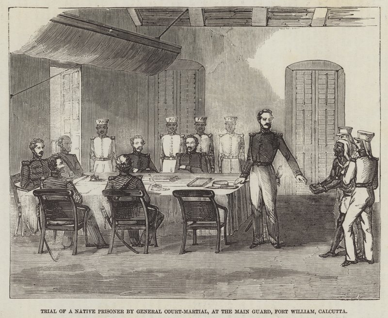 Egy bennszülött fogoly tárgyalása a General Hadibíróság által, a Főőrségnél, Fort William, Calcutta alkotó: English School