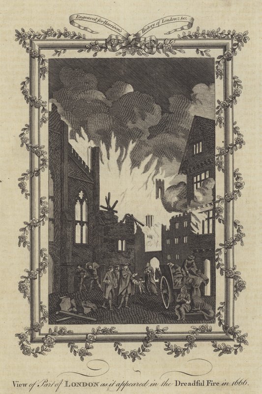 London egy részének képe, ahogyan az 1666-ban a Rettenetes tűzben megjelent alkotó: English School