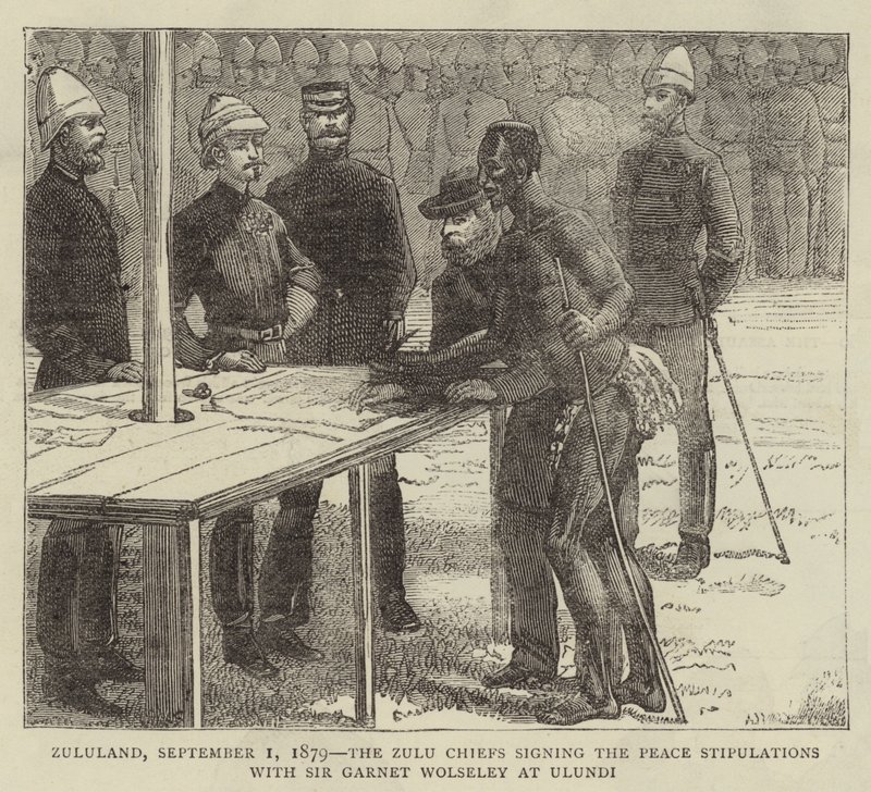 Zuluföld, 1879. szeptember 1., a zulu főnökök aláírják a békeszerződést Sir Garnet Wolseley-vel Ulundiban alkotó: English School