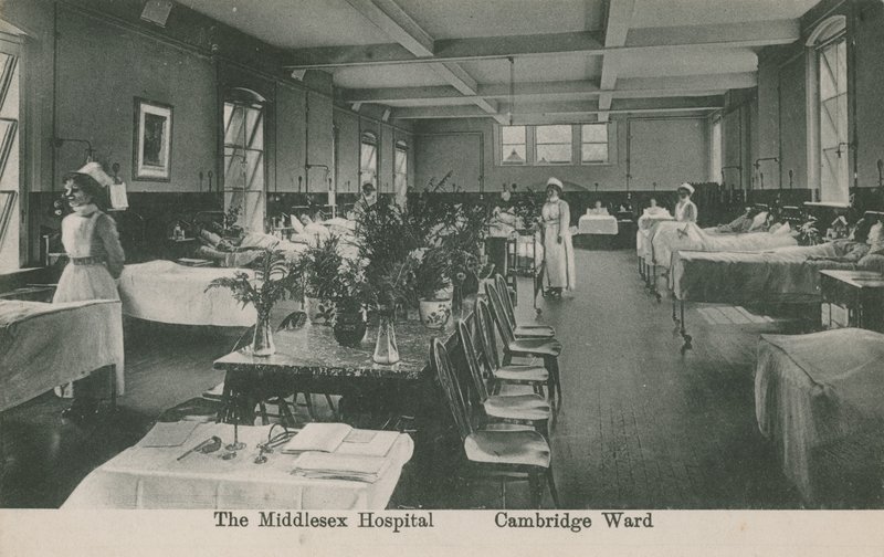 Cambridge Ward, Middlesex Kórház, London. A képeslapot 1913. augusztus 16-án küldték el. alkotó: English Photographer