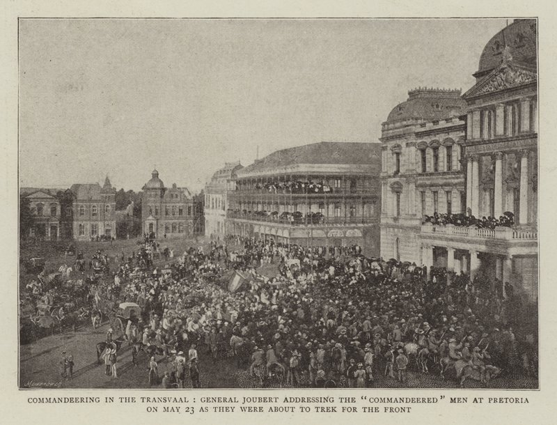 Parancsnoki a Transvaalban, Joubert tábornok beszédet mond a Commandeered Menekhez Pretoriában május 23-án, amikor a front felé indultak. alkotó: English Photographer