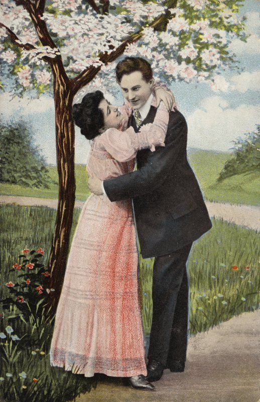 Egy virágzó fa alatt ölelkező pár (chromolitho) alkotó: English Photographer