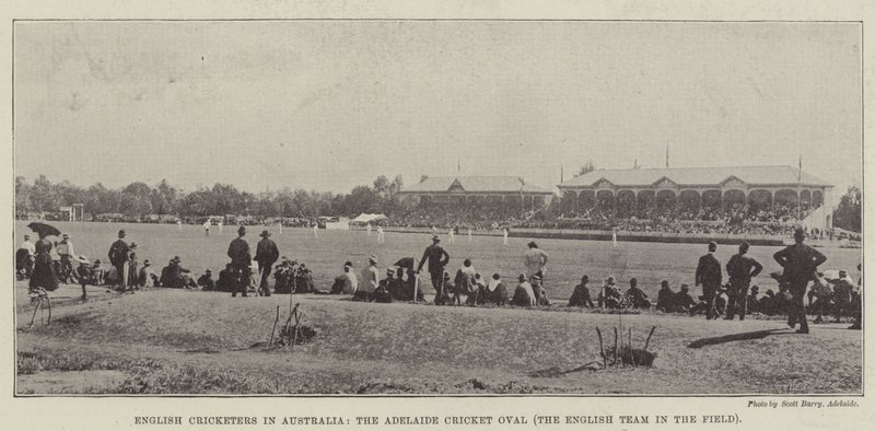 Angol krikettjátékosok Ausztráliában, az Adelaide Cricket Oval, az angol csapat a mezőnyben alkotó: English Photographer