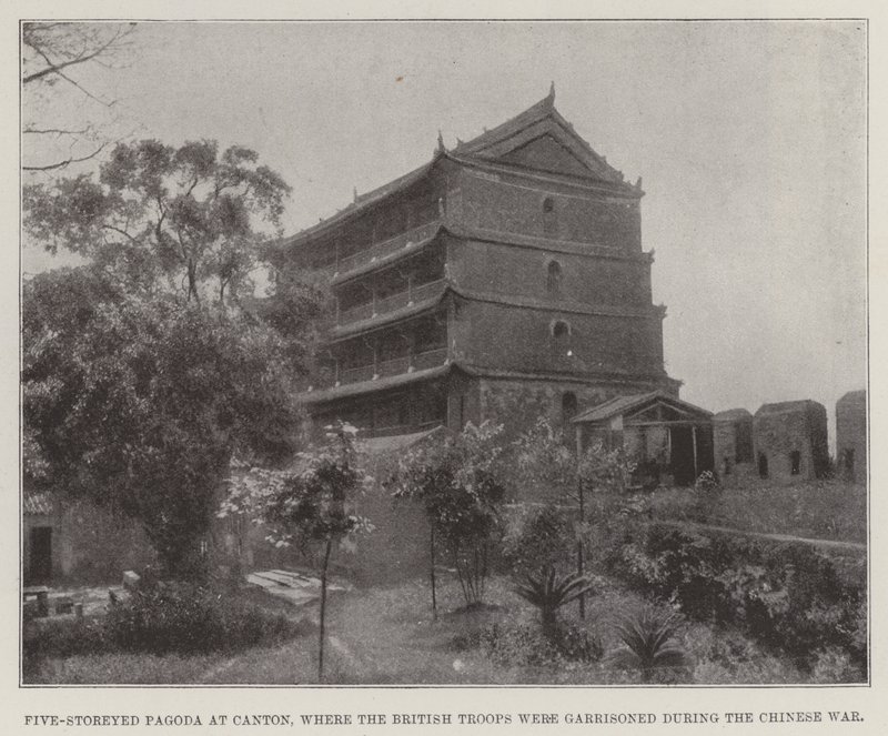 Ötszintes pagoda Kantonban, ahol a brit csapatok helyőrséget tartottak a kínai háború alatt alkotó: English Photographer