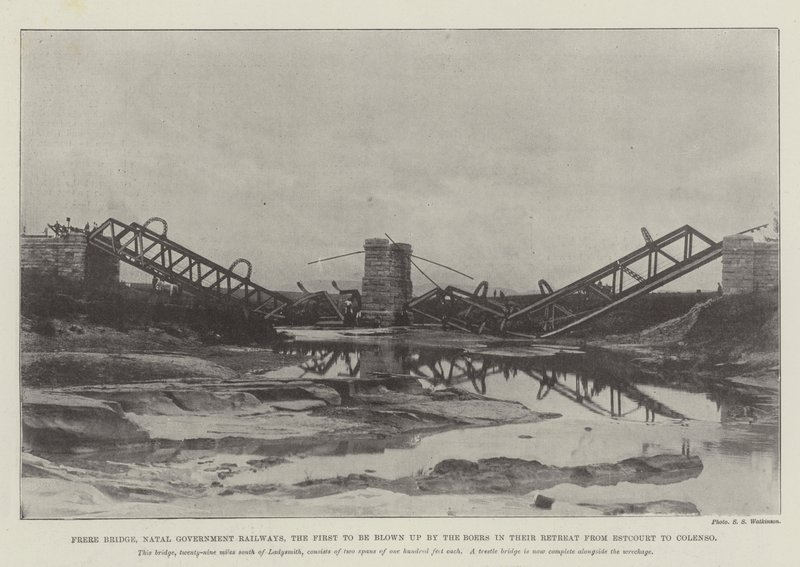 Frere Bridge, Natal kormányvasutak, az első, amelyet a búrok felrobbantottak visszavonulásukban Estcourtból Colensóba alkotó: English Photographer