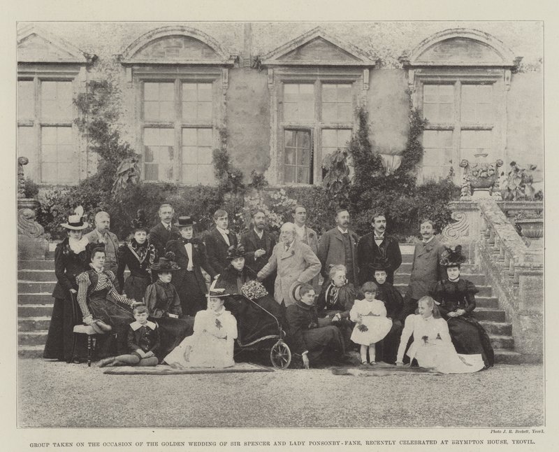 Sir Spencer és Lady Ponsonby-Fane aranylakodalma alkalmából vett csoport, amelyet a közelmúltban a Brympton House-ban, Yeovilban ünnepeltek alkotó: English Photographer